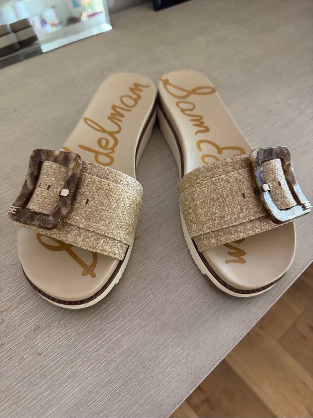 Sam Edelman Natural Raffia Slide Sandals with Tortoiseshell Buckles